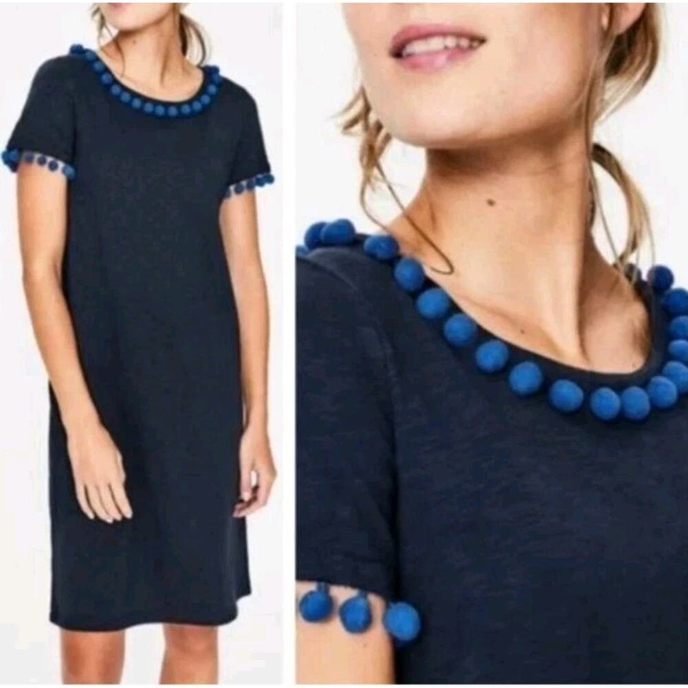 BODEN Bridget Jersey Knit Dress Navy White Pom Poms Shift Size 6